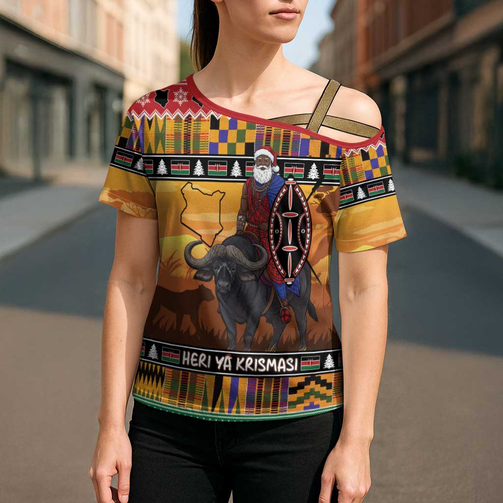 Kenya Safari Christmas Cross Shoulder Shirt Black Santa Riding Cape Buffalo - Heri ya Krismasi - Wonder Print Shop