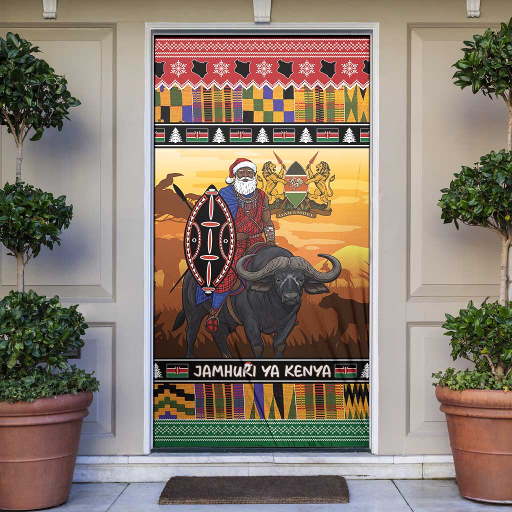 Kenya Safari Christmas Door Cover Black Santa Riding Cape Buffalo - Heri ya Krismasi - Wonder Print Shop