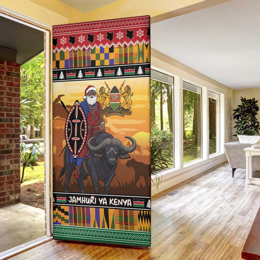 Kenya Safari Christmas Door Cover Black Santa Riding Cape Buffalo - Heri ya Krismasi - Wonder Print Shop