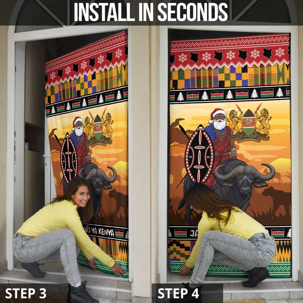 Kenya Safari Christmas Door Cover Black Santa Riding Cape Buffalo - Heri ya Krismasi - Wonder Print Shop