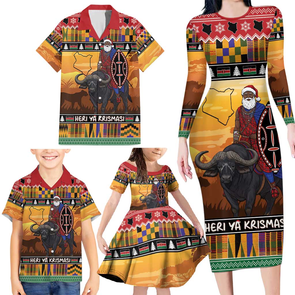 Kenya Safari Christmas Family Matching Long Sleeve Bodycon Dress and Hawaiian Shirt Black Santa Riding Cape Buffalo - Heri ya Krismasi - Wonder Print Shop