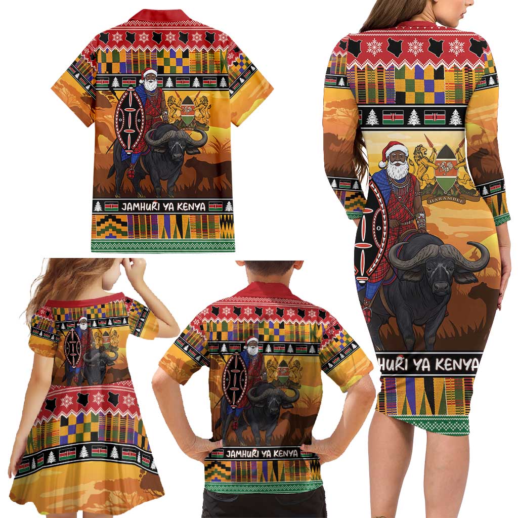 Kenya Safari Christmas Family Matching Long Sleeve Bodycon Dress and Hawaiian Shirt Black Santa Riding Cape Buffalo - Heri ya Krismasi - Wonder Print Shop