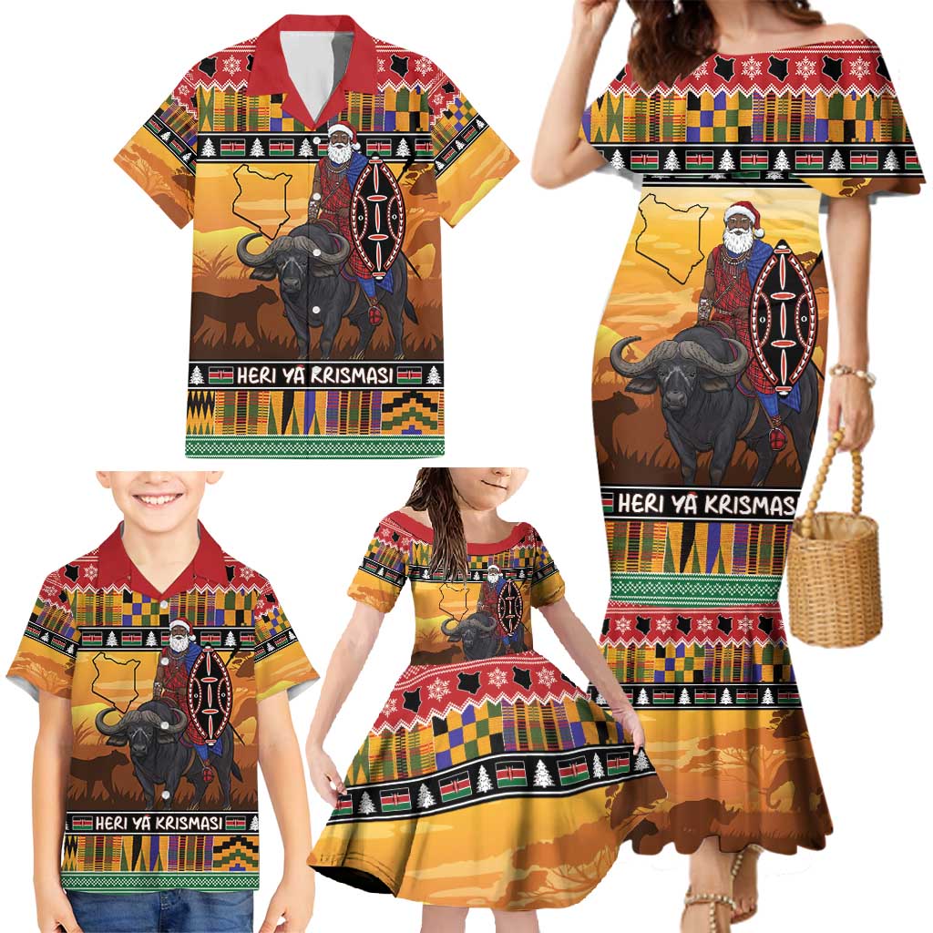 Kenya Safari Christmas Family Matching Mermaid Dress and Hawaiian Shirt Black Santa Riding Cape Buffalo - Heri ya Krismasi - Wonder Print Shop