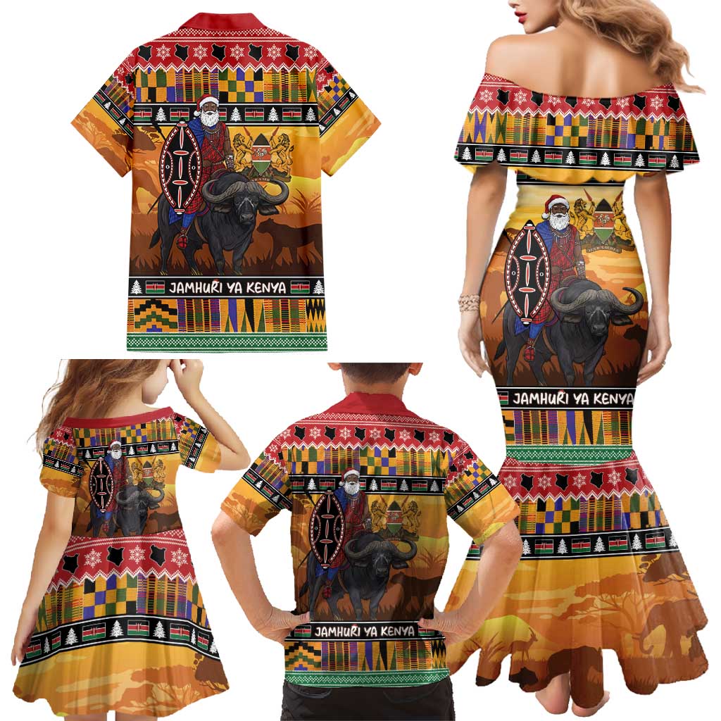 Kenya Safari Christmas Family Matching Mermaid Dress and Hawaiian Shirt Black Santa Riding Cape Buffalo - Heri ya Krismasi - Wonder Print Shop