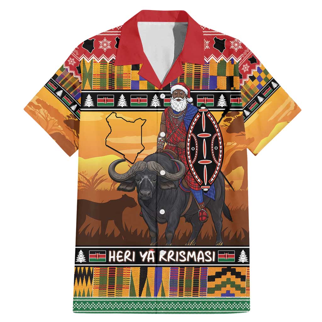 Kenya Safari Christmas Family Matching Mermaid Dress and Hawaiian Shirt Black Santa Riding Cape Buffalo - Heri ya Krismasi - Wonder Print Shop