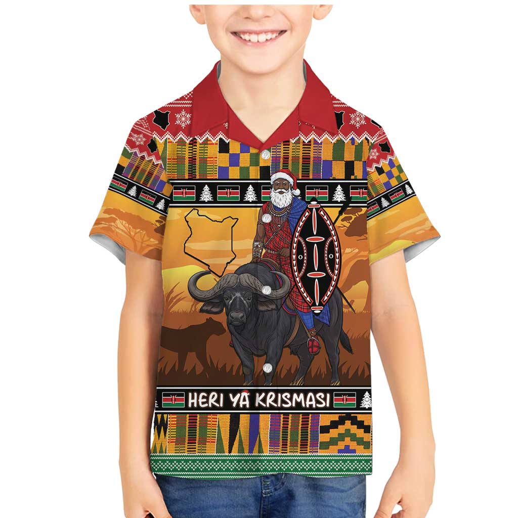 Kenya Safari Christmas Family Matching Mermaid Dress and Hawaiian Shirt Black Santa Riding Cape Buffalo - Heri ya Krismasi - Wonder Print Shop