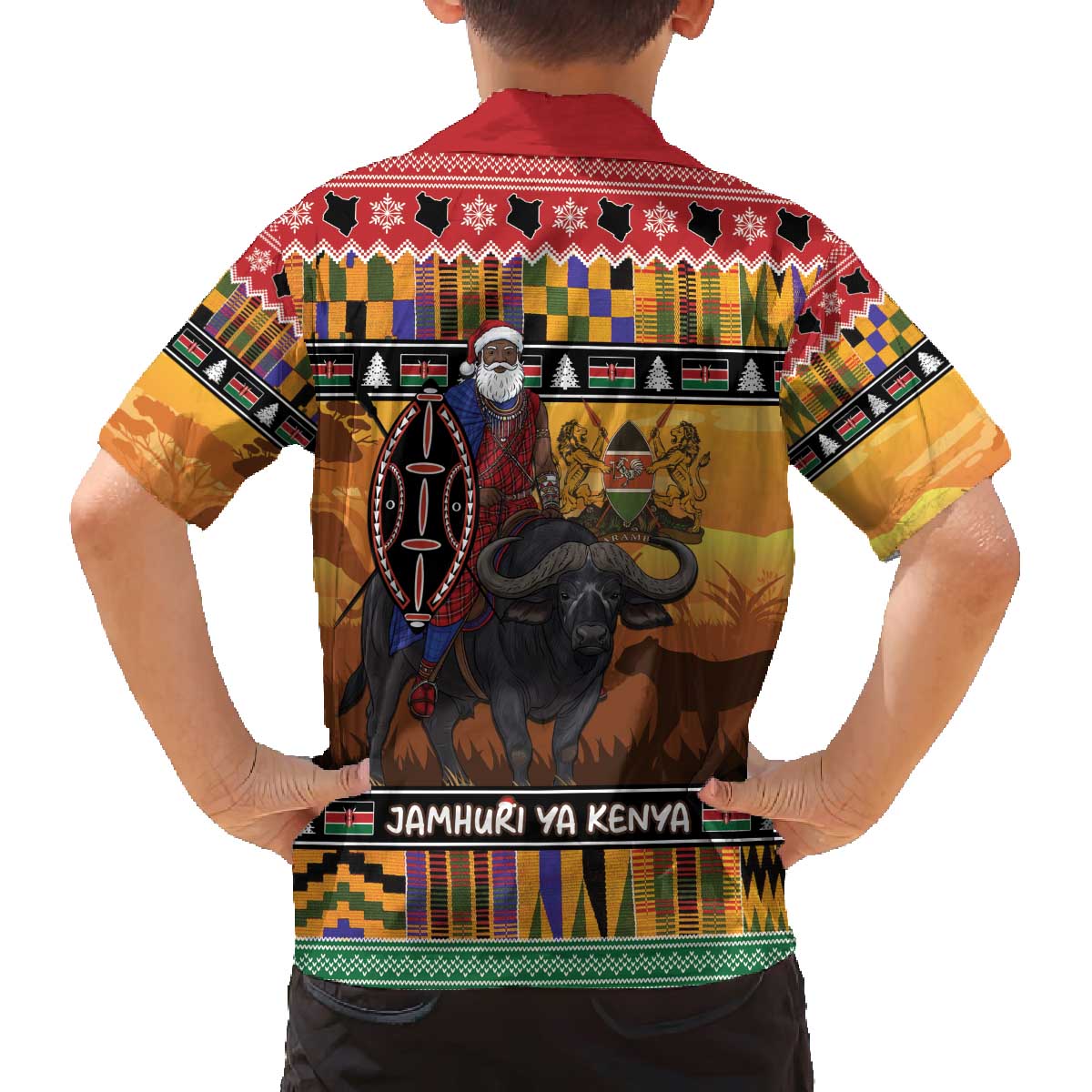 Kenya Safari Christmas Family Matching Off The Shoulder Long Sleeve Dress and Hawaiian Shirt Black Santa Riding Cape Buffalo - Heri ya Krismasi - Wonder Print Shop