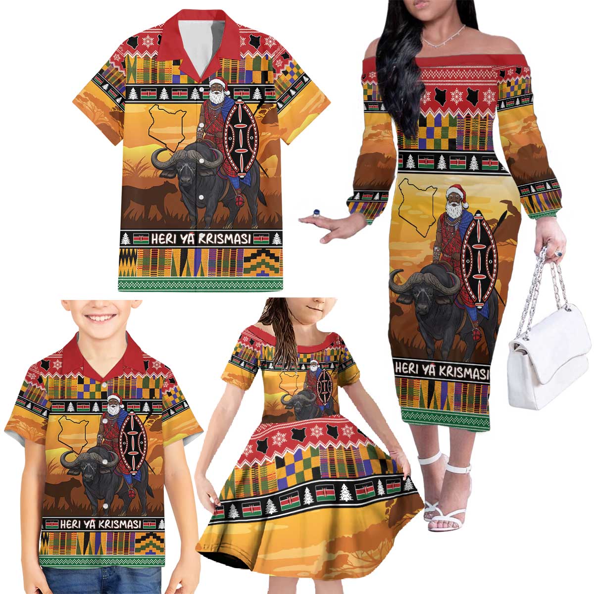 Kenya Safari Christmas Family Matching Off The Shoulder Long Sleeve Dress and Hawaiian Shirt Black Santa Riding Cape Buffalo - Heri ya Krismasi - Wonder Print Shop