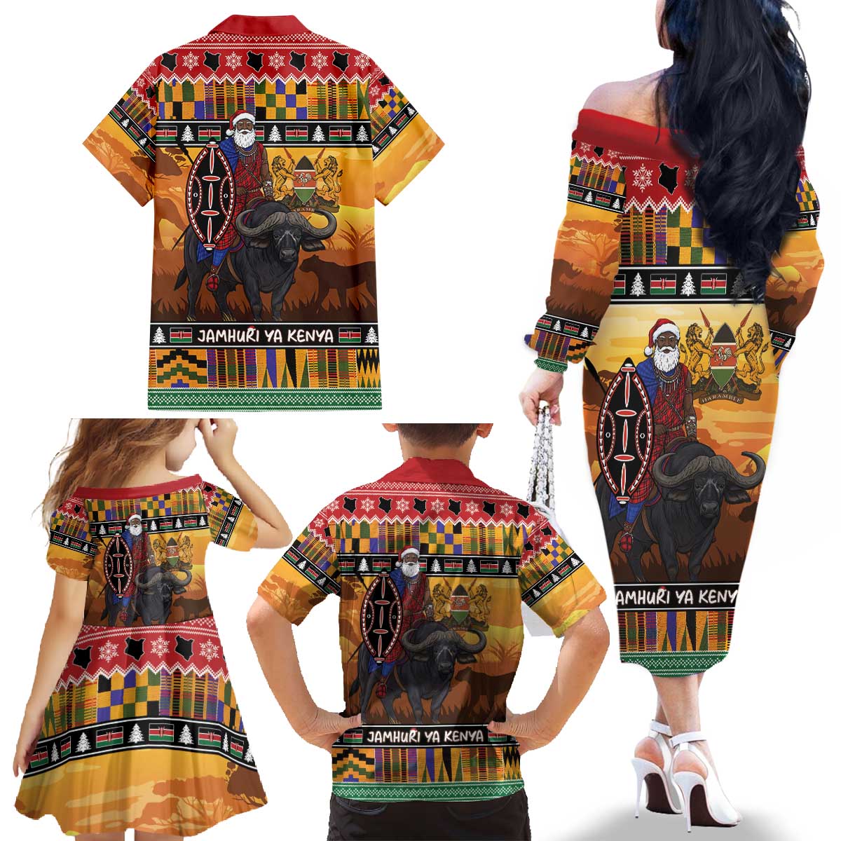 Kenya Safari Christmas Family Matching Off The Shoulder Long Sleeve Dress and Hawaiian Shirt Black Santa Riding Cape Buffalo - Heri ya Krismasi - Wonder Print Shop