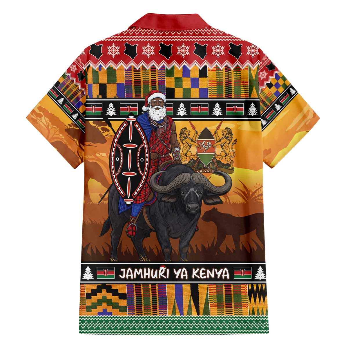 Kenya Safari Christmas Family Matching Off The Shoulder Long Sleeve Dress and Hawaiian Shirt Black Santa Riding Cape Buffalo - Heri ya Krismasi - Wonder Print Shop
