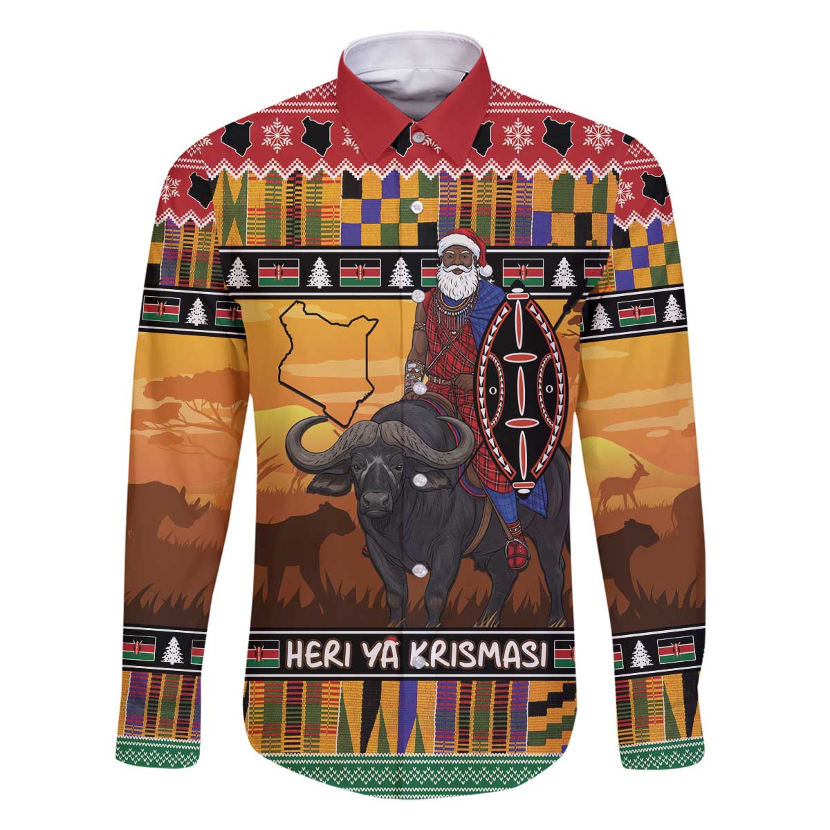 Kenya Safari Christmas Family Matching Off The Shoulder Long Sleeve Dress and Hawaiian Shirt Black Santa Riding Cape Buffalo - Heri ya Krismasi - Wonder Print Shop