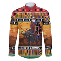 Kenya Safari Christmas Family Matching Off The Shoulder Long Sleeve Dress and Hawaiian Shirt Black Santa Riding Cape Buffalo - Heri ya Krismasi - Wonder Print Shop