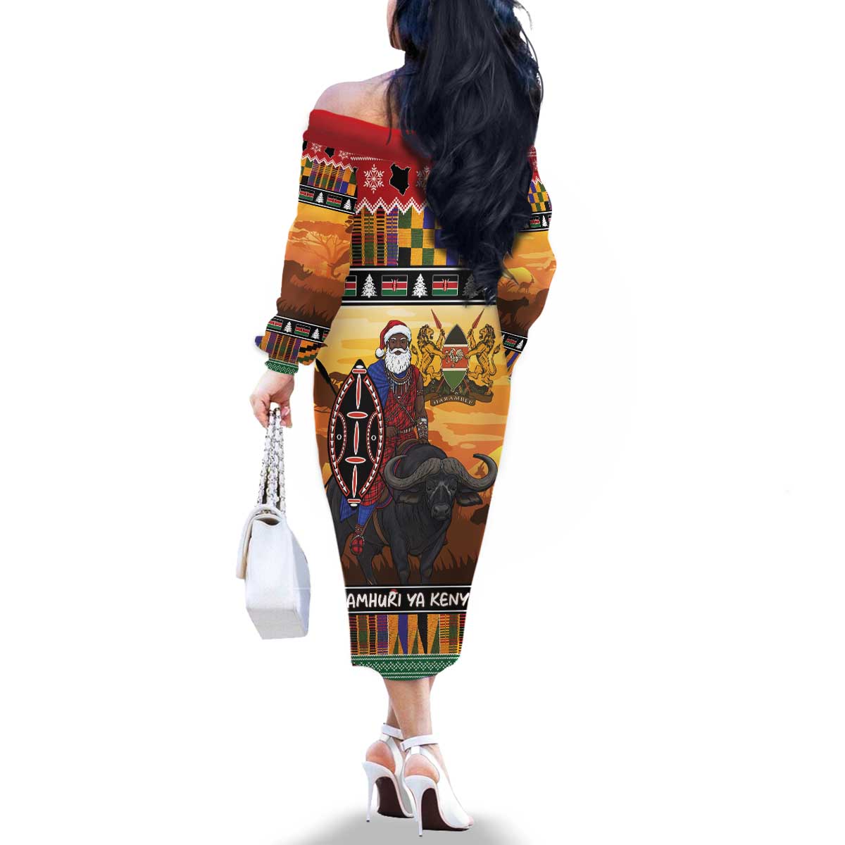 Kenya Safari Christmas Family Matching Off The Shoulder Long Sleeve Dress and Hawaiian Shirt Black Santa Riding Cape Buffalo - Heri ya Krismasi - Wonder Print Shop