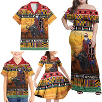 Kenya Safari Christmas Family Matching Off Shoulder Maxi Dress and Hawaiian Shirt Black Santa Riding Cape Buffalo - Heri ya Krismasi - Wonder Print Shop