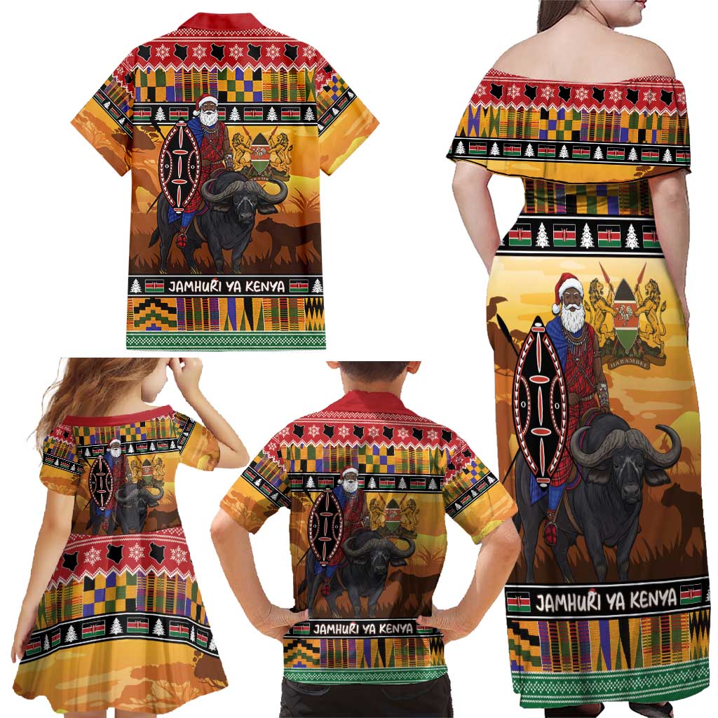 Kenya Safari Christmas Family Matching Off Shoulder Maxi Dress and Hawaiian Shirt Black Santa Riding Cape Buffalo - Heri ya Krismasi - Wonder Print Shop