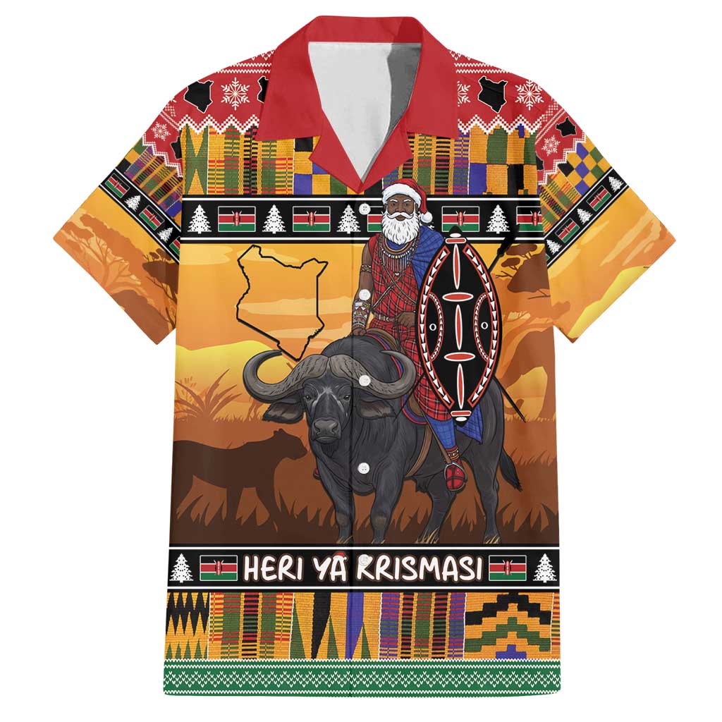 Kenya Safari Christmas Family Matching Off Shoulder Maxi Dress and Hawaiian Shirt Black Santa Riding Cape Buffalo - Heri ya Krismasi - Wonder Print Shop