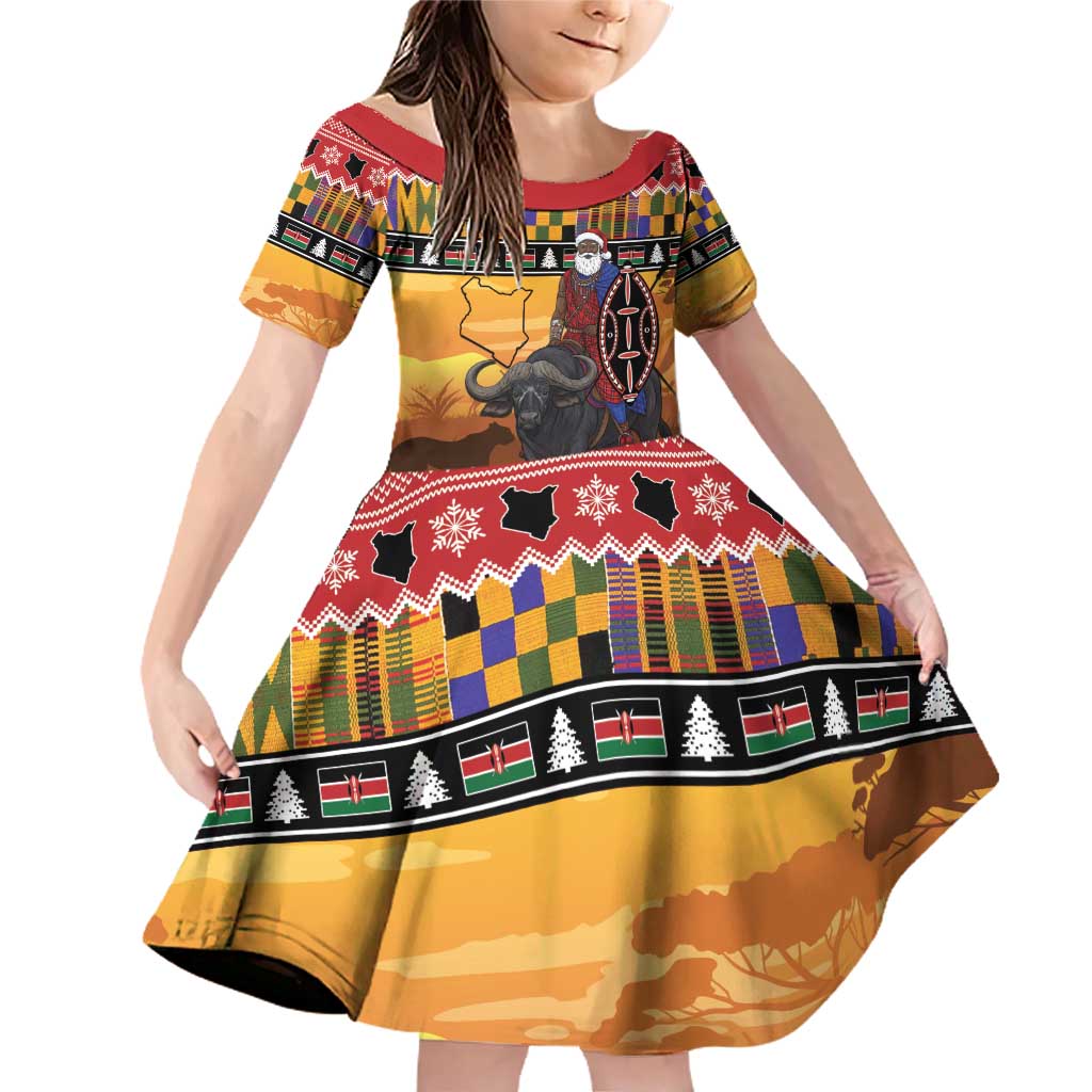 Kenya Safari Christmas Family Matching Off Shoulder Short Dress and Hawaiian Shirt Black Santa Riding Cape Buffalo - Heri ya Krismasi - Wonder Print Shop