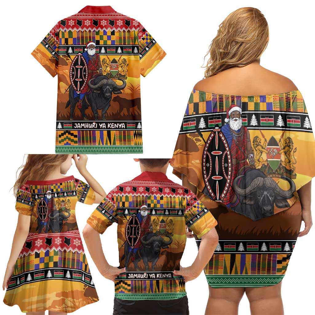 Kenya Safari Christmas Family Matching Off Shoulder Short Dress and Hawaiian Shirt Black Santa Riding Cape Buffalo - Heri ya Krismasi - Wonder Print Shop