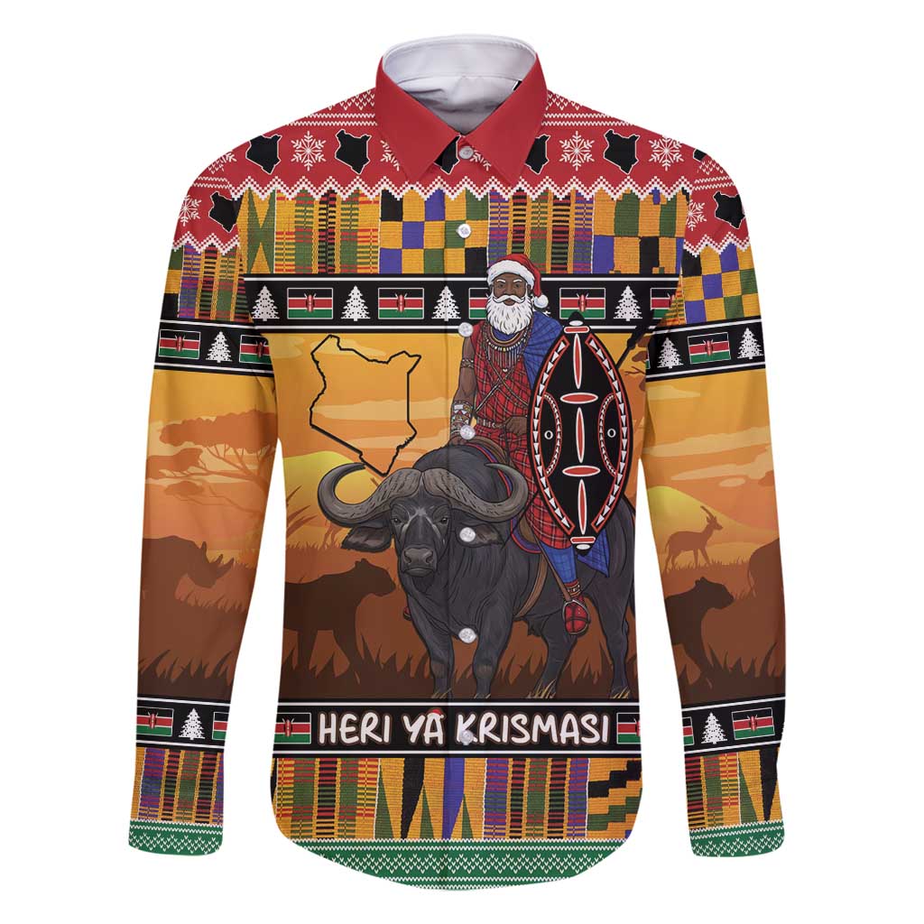 Kenya Safari Christmas Family Matching Off Shoulder Short Dress and Hawaiian Shirt Black Santa Riding Cape Buffalo - Heri ya Krismasi - Wonder Print Shop