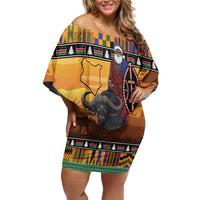 Kenya Safari Christmas Family Matching Off Shoulder Short Dress and Hawaiian Shirt Black Santa Riding Cape Buffalo - Heri ya Krismasi - Wonder Print Shop