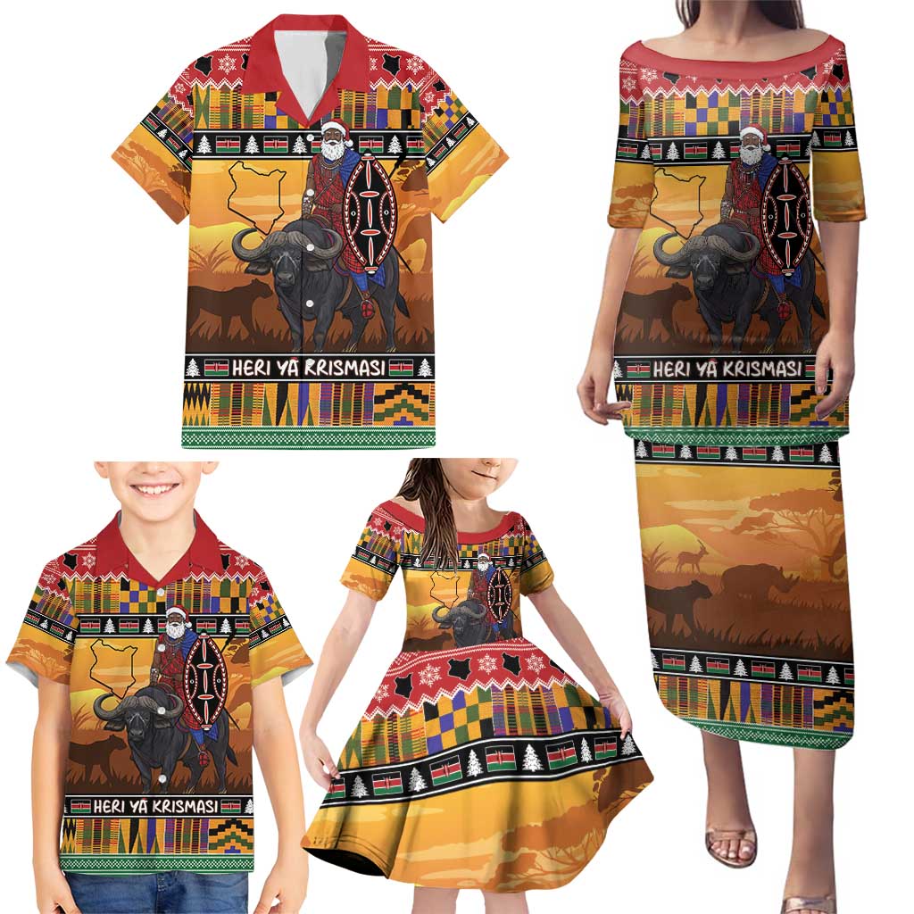 Kenya Safari Christmas Family Matching Puletasi and Hawaiian Shirt Black Santa Riding Cape Buffalo - Heri ya Krismasi - Wonder Print Shop