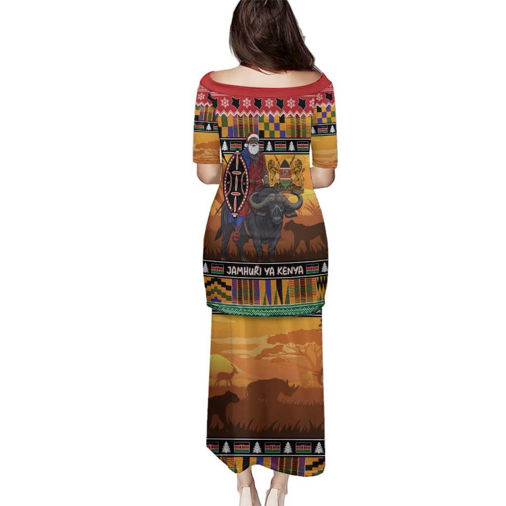 Kenya Safari Christmas Family Matching Puletasi and Hawaiian Shirt Black Santa Riding Cape Buffalo - Heri ya Krismasi - Wonder Print Shop