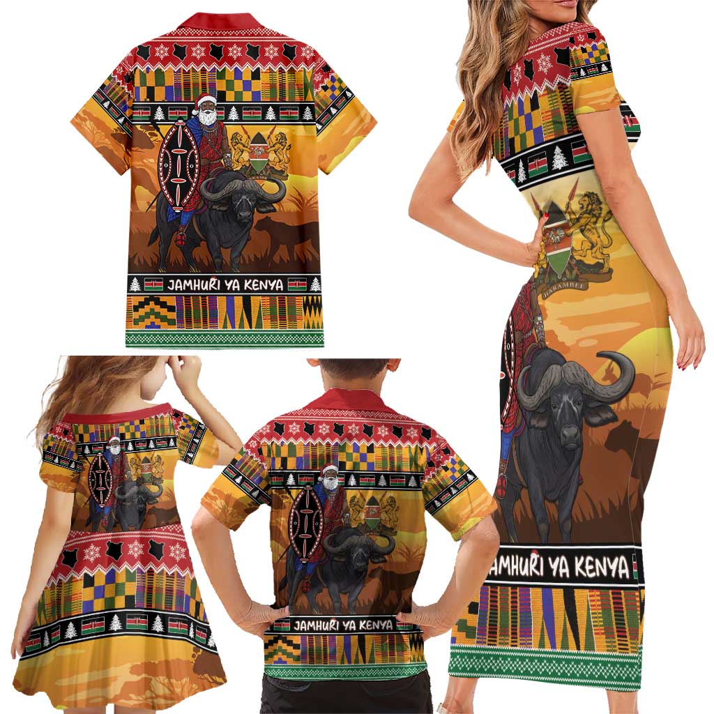 Kenya Safari Christmas Family Matching Short Sleeve Bodycon Dress and Hawaiian Shirt Black Santa Riding Cape Buffalo - Heri ya Krismasi - Wonder Print Shop