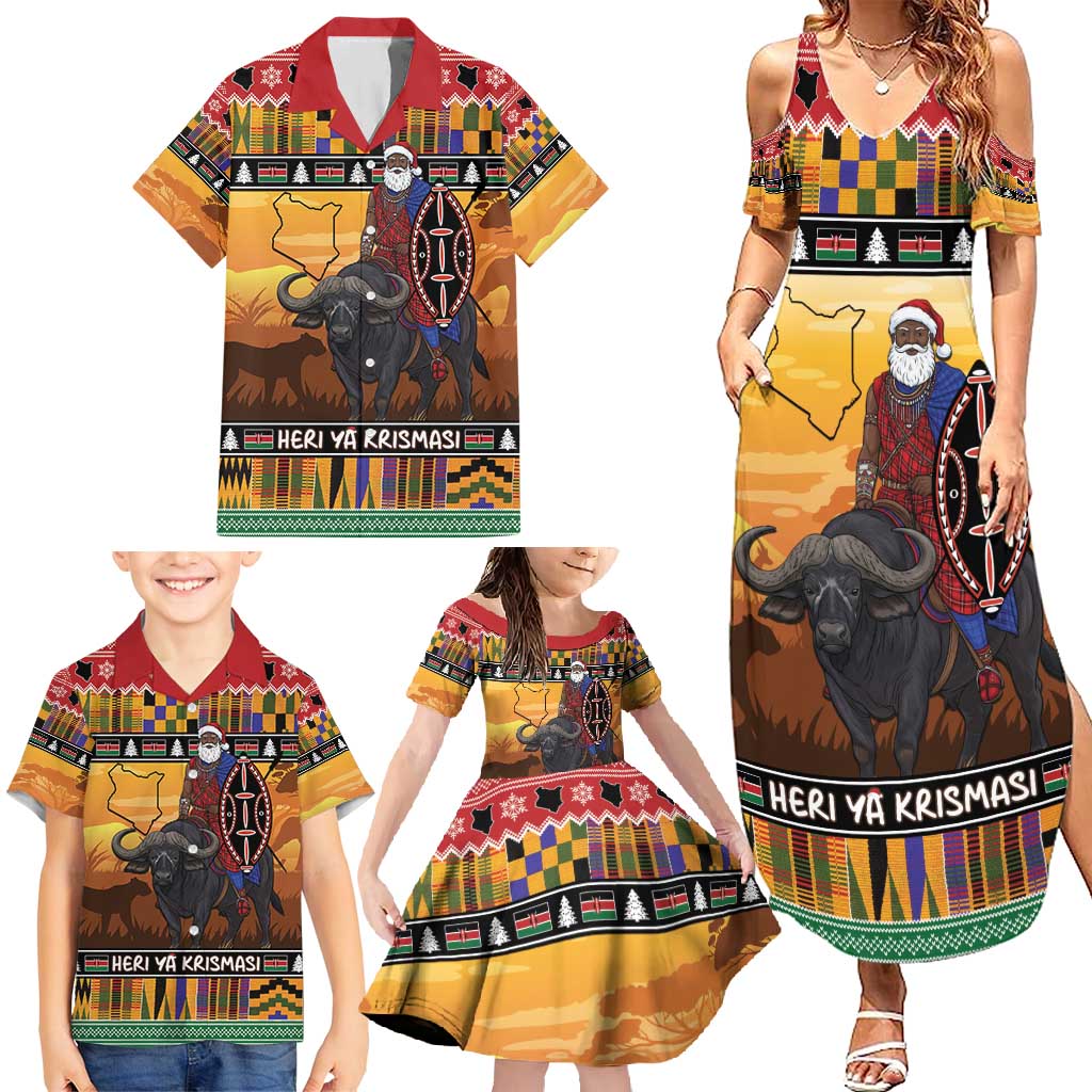 Kenya Safari Christmas Family Matching Summer Maxi Dress and Hawaiian Shirt Black Santa Riding Cape Buffalo - Heri ya Krismasi - Wonder Print Shop