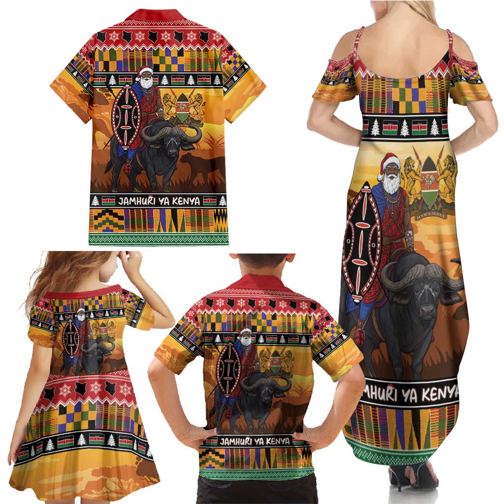 Kenya Safari Christmas Family Matching Summer Maxi Dress and Hawaiian Shirt Black Santa Riding Cape Buffalo - Heri ya Krismasi - Wonder Print Shop