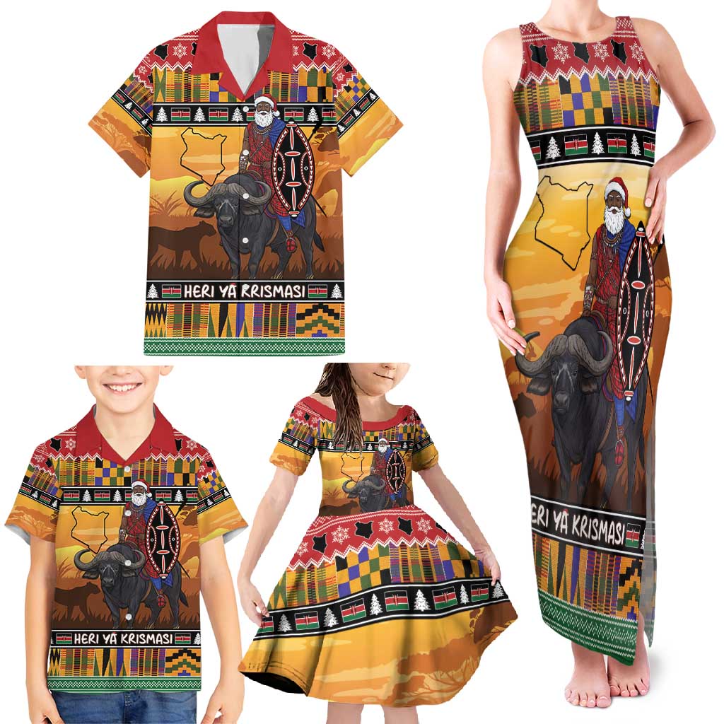 Kenya Safari Christmas Family Matching Tank Maxi Dress and Hawaiian Shirt Black Santa Riding Cape Buffalo - Heri ya Krismasi - Wonder Print Shop