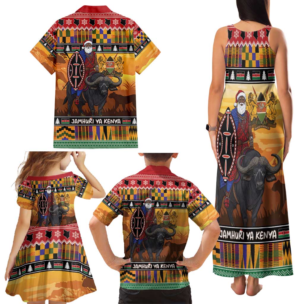 Kenya Safari Christmas Family Matching Tank Maxi Dress and Hawaiian Shirt Black Santa Riding Cape Buffalo - Heri ya Krismasi - Wonder Print Shop