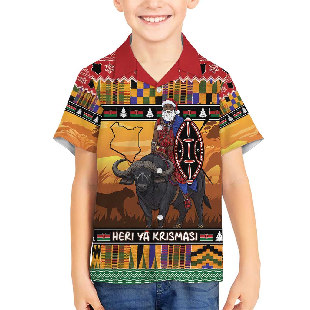 Kenya Safari Christmas Family Matching Tank Maxi Dress and Hawaiian Shirt Black Santa Riding Cape Buffalo - Heri ya Krismasi - Wonder Print Shop