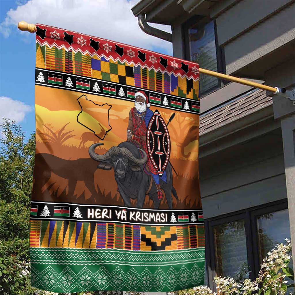 Kenya Safari Christmas Garden Flag Black Santa Riding Cape Buffalo - Heri ya Krismasi - Wonder Print Shop