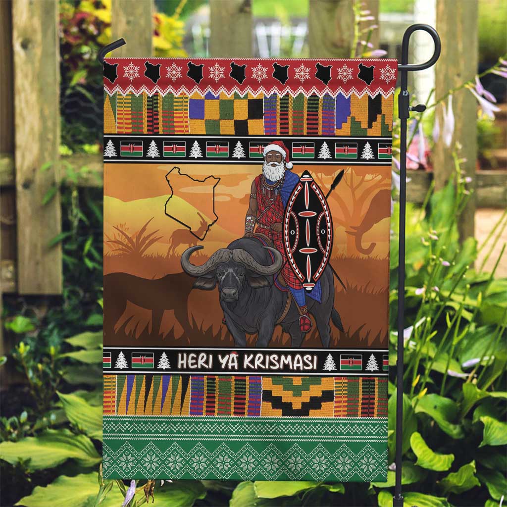 Kenya Safari Christmas Garden Flag Black Santa Riding Cape Buffalo - Heri ya Krismasi - Wonder Print Shop