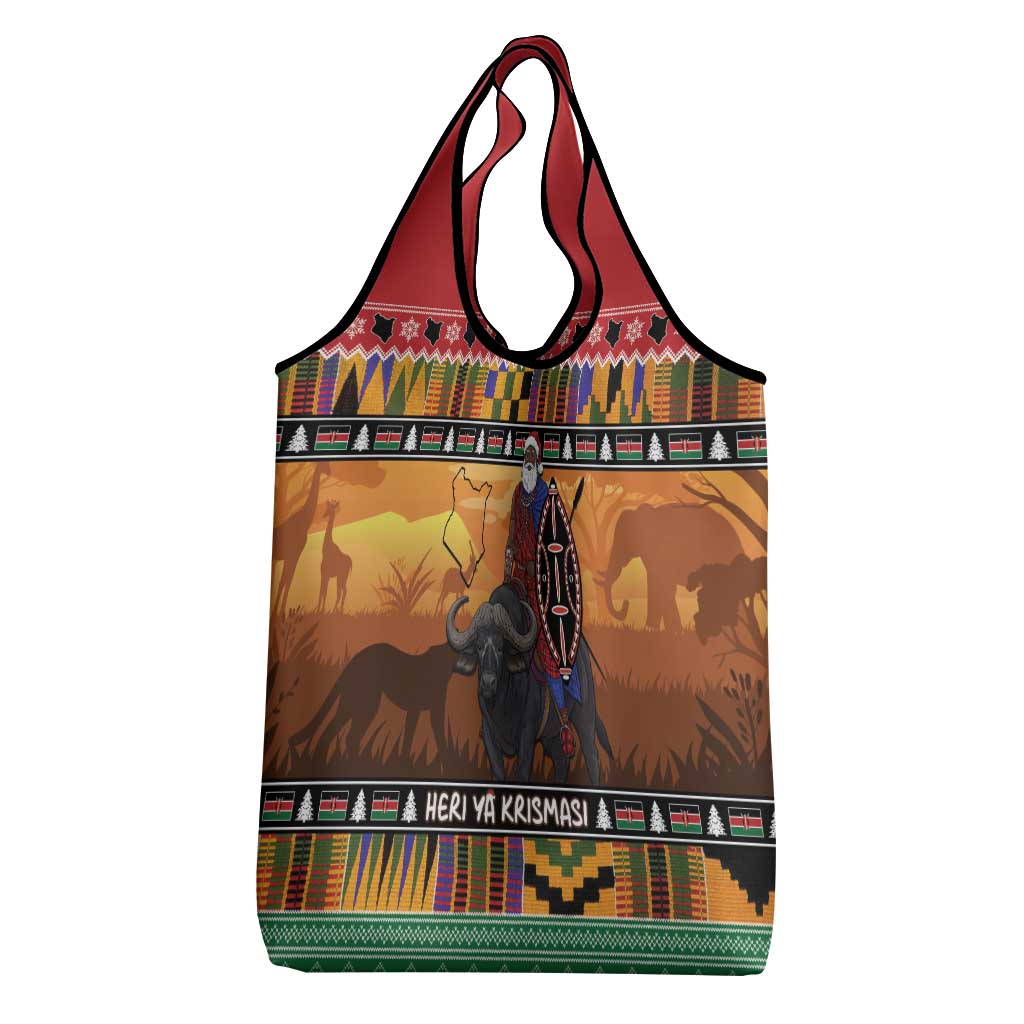 Kenya Safari Christmas Grocery Bag Black Santa Riding Cape Buffalo - Heri ya Krismasi - Wonder Print Shop