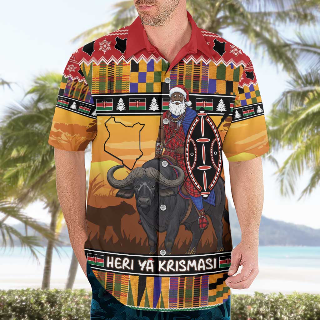 Kenya Safari Christmas Hawaiian Shirt Black Santa Riding Cape Buffalo - Heri ya Krismasi - Wonder Print Shop