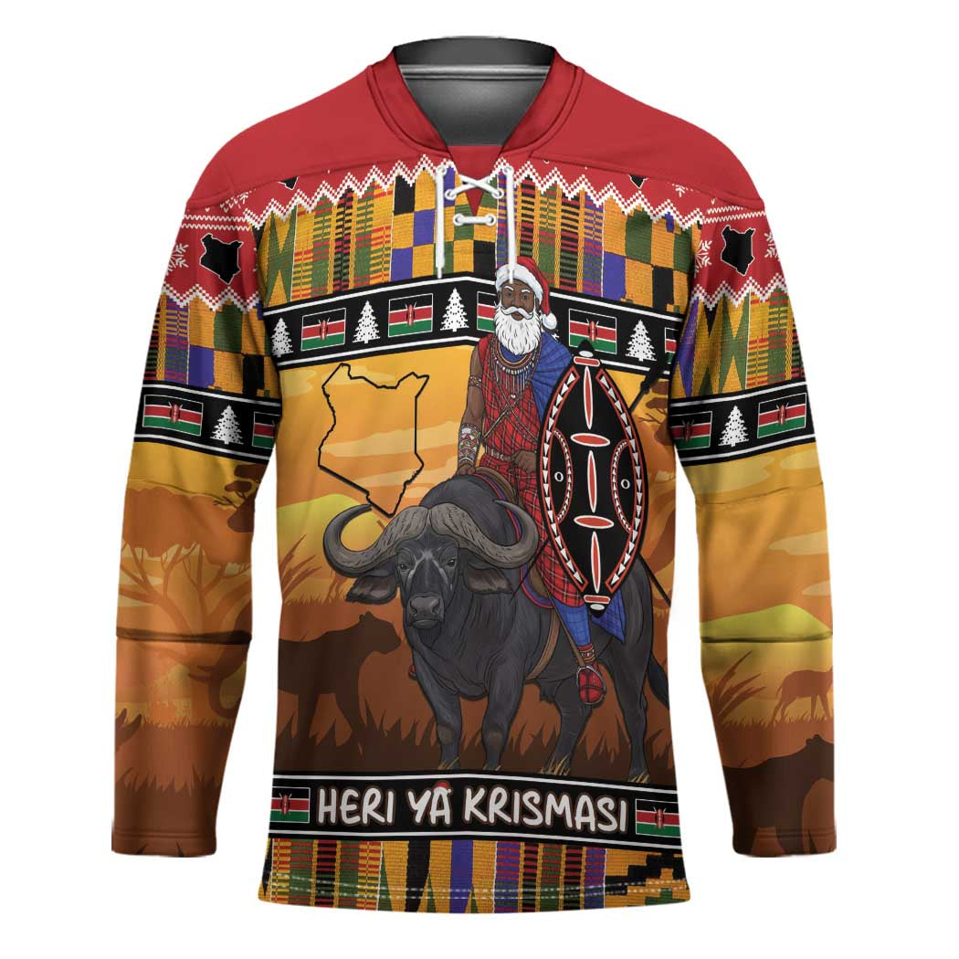 Kenya Safari Christmas Hockey Jersey Black Santa Riding Cape Buffalo - Heri ya Krismasi - Wonder Print Shop