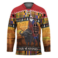 Kenya Safari Christmas Hockey Jersey Black Santa Riding Cape Buffalo - Heri ya Krismasi - Wonder Print Shop