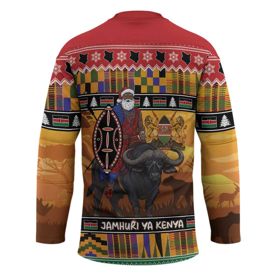 Kenya Safari Christmas Hockey Jersey Black Santa Riding Cape Buffalo - Heri ya Krismasi - Wonder Print Shop