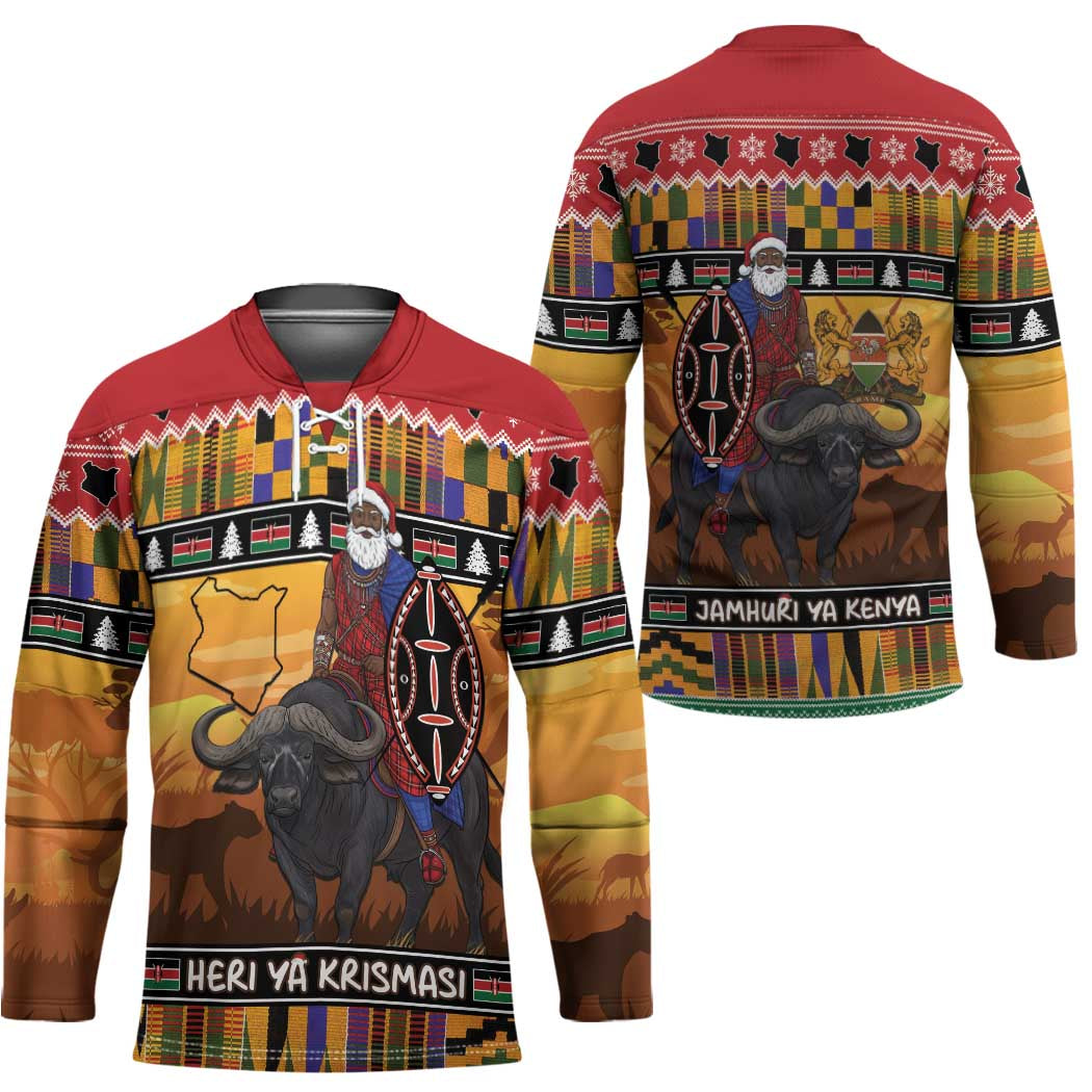 Kenya Safari Christmas Hockey Jersey Black Santa Riding Cape Buffalo - Heri ya Krismasi - Wonder Print Shop