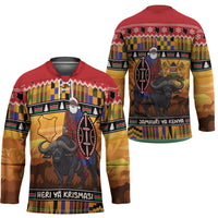 Kenya Safari Christmas Hockey Jersey Black Santa Riding Cape Buffalo - Heri ya Krismasi - Wonder Print Shop