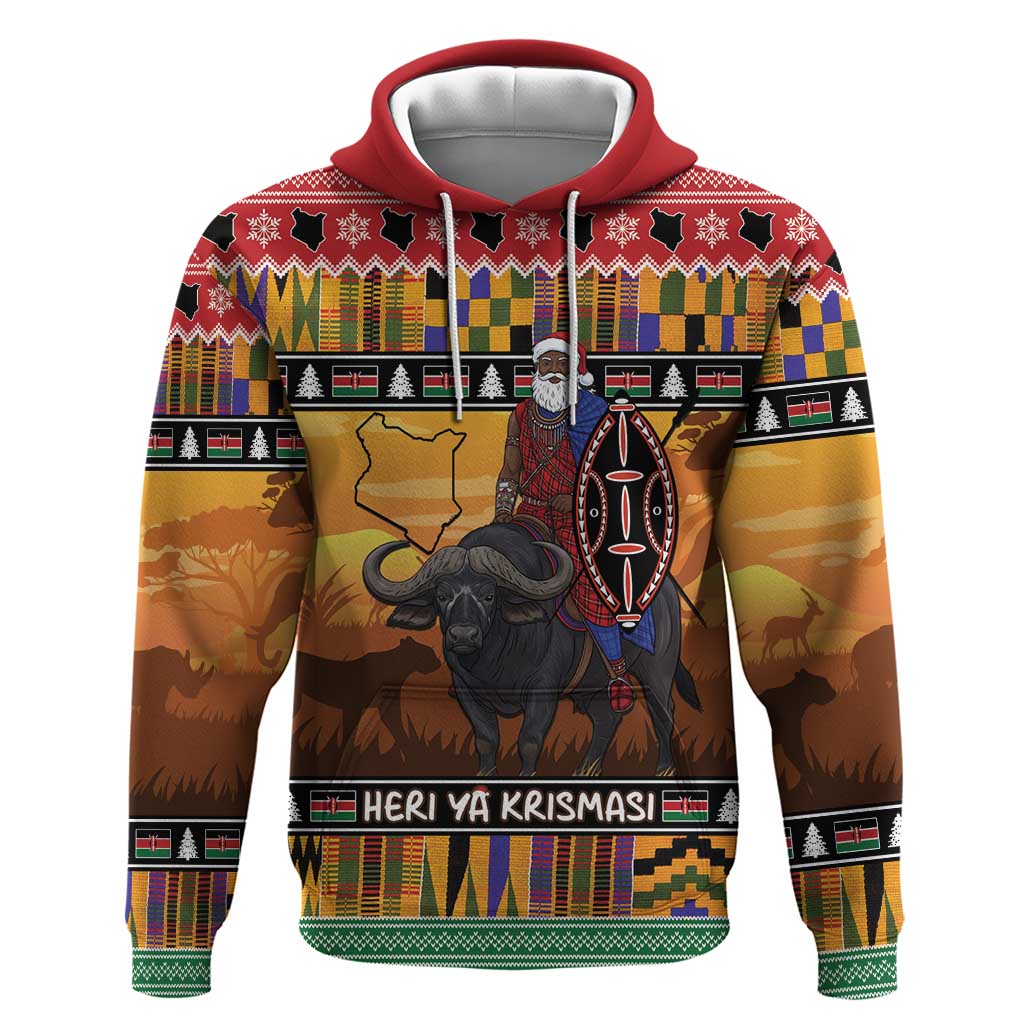 Kenya Safari Christmas Hoodie Black Santa Riding Cape Buffalo - Heri ya Krismasi - Wonder Print Shop