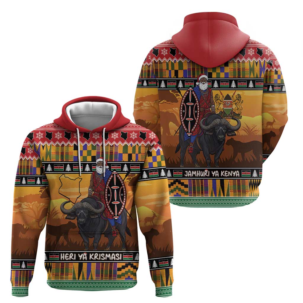 Kenya Safari Christmas Hoodie Black Santa Riding Cape Buffalo - Heri ya Krismasi - Wonder Print Shop