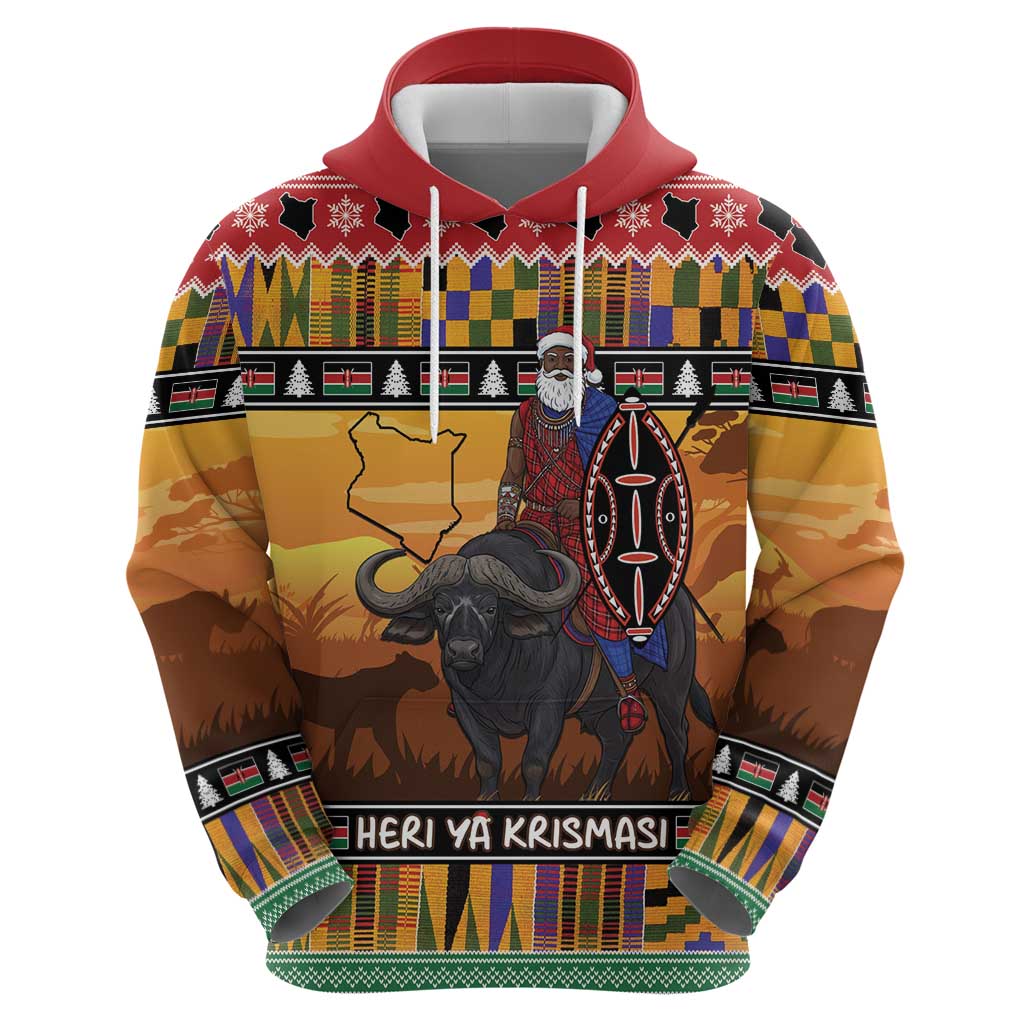Kenya Safari Christmas Hoodie Black Santa Riding Cape Buffalo - Heri ya Krismasi - Wonder Print Shop