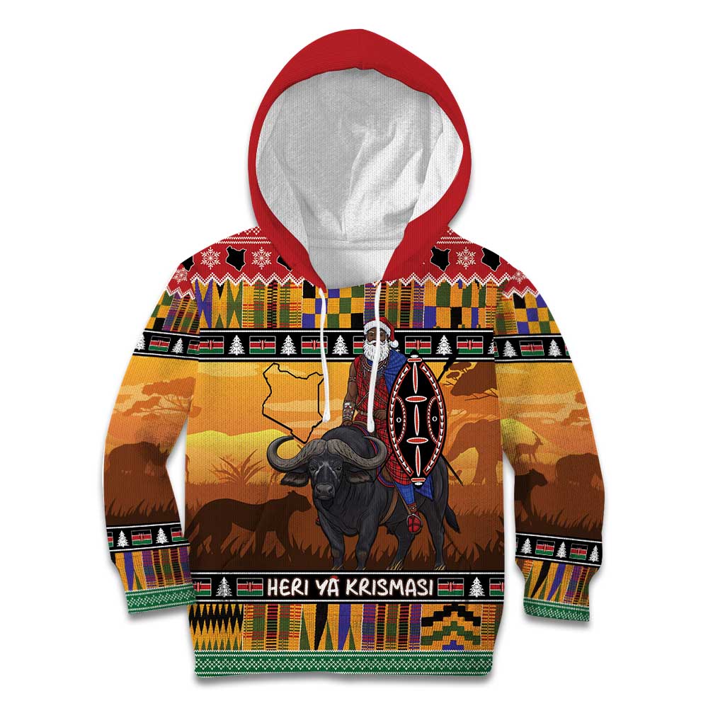 Kenya Safari Christmas Kid Hoodie Black Santa Riding Cape Buffalo - Heri ya Krismasi - Wonder Print Shop