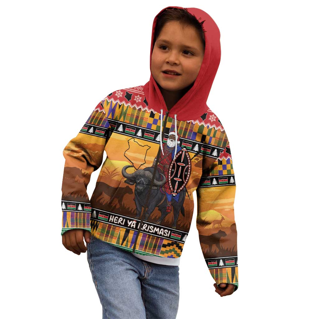 Kenya Safari Christmas Kid Hoodie Black Santa Riding Cape Buffalo - Heri ya Krismasi - Wonder Print Shop