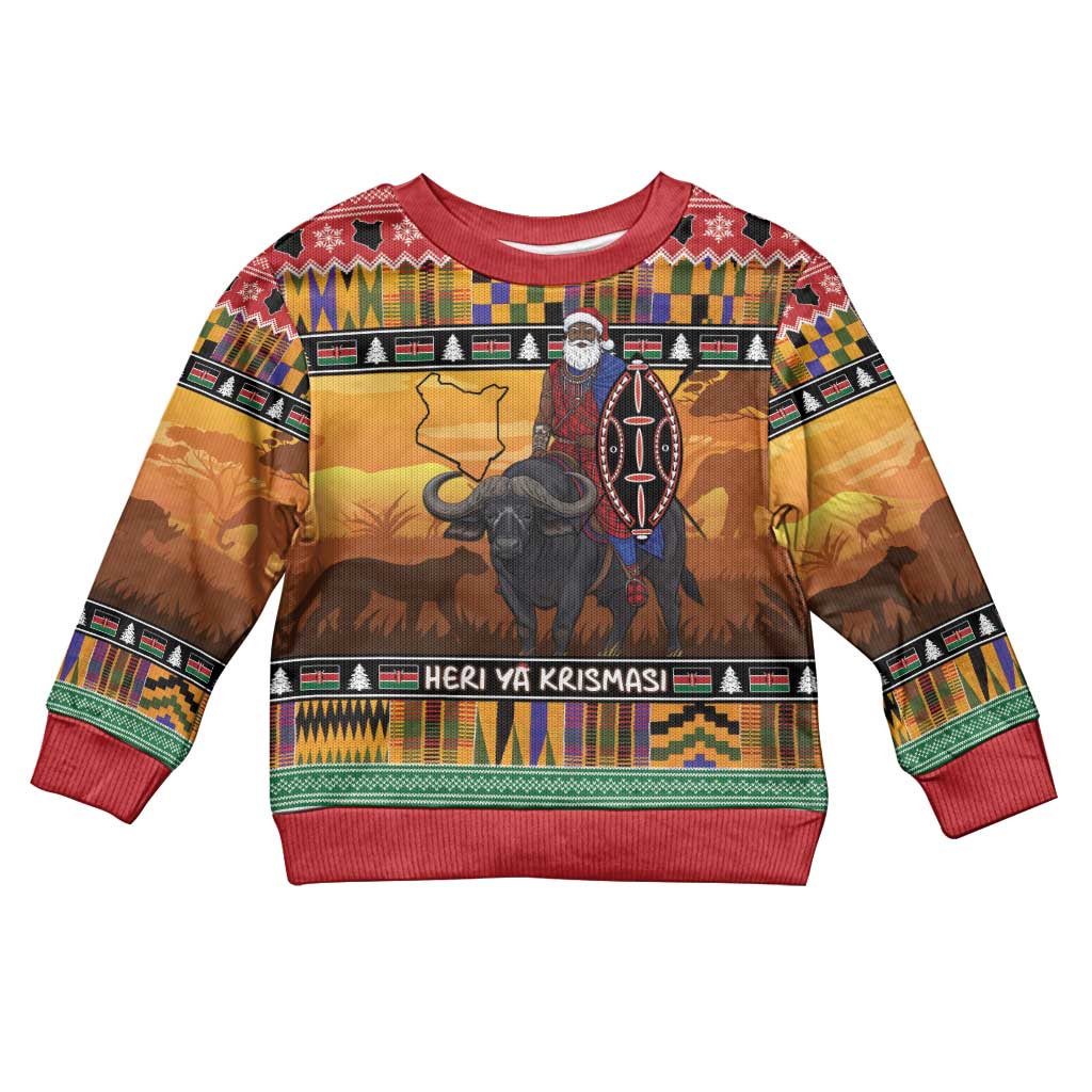 Kenya Safari Christmas Kid Ugly Christmas Sweater Black Santa Riding Cape Buffalo - Heri ya Krismasi - Wonder Print Shop