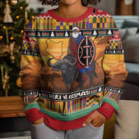 Kenya Safari Christmas Kid Ugly Christmas Sweater Black Santa Riding Cape Buffalo - Heri ya Krismasi - Wonder Print Shop