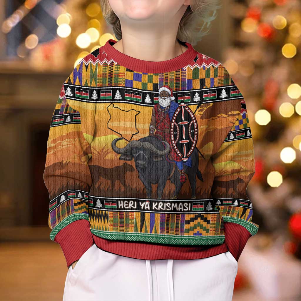 Kenya Safari Christmas Kid Ugly Christmas Sweater Black Santa Riding Cape Buffalo - Heri ya Krismasi - Wonder Print Shop