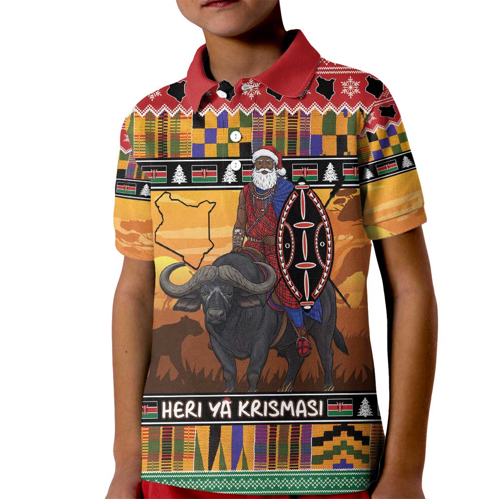 Kenya Safari Christmas Kid Polo Shirt Black Santa Riding Cape Buffalo - Heri ya Krismasi - Wonder Print Shop